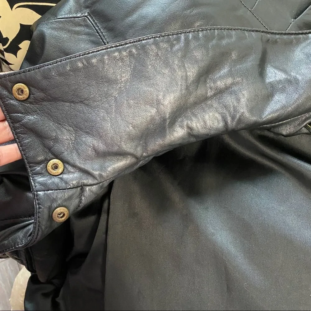 Eddie Bauer 100% Genuine Leather Winter Trench Coat Full Length Black HEAVY DUTY